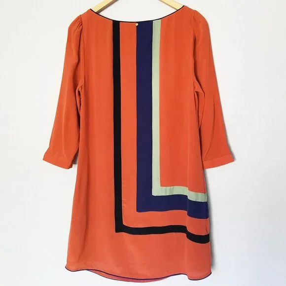 HARLYN Anthropologie 100% Silk Mini Shift Dress Orange Rust Colorblock Geometric - Picture 3 of 15